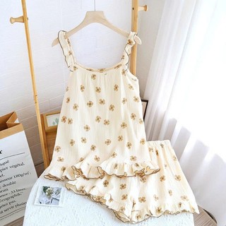 Đồ Bộ 2 Dây Cánh Tiên Chất Xô Muslin Nhăn Nhẹ Họa Tiết Vintage Thấm Hút Mồ Hôi Tốt - Lim Dim