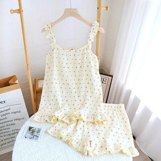 Đồ Bộ 2 Dây Cánh Tiên Chất Xô Muslin Nhăn Nhẹ Họa Tiết Vintage Thấm Hút Mồ Hôi Tốt - Lim Dim