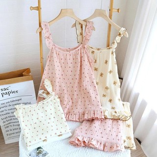 Đồ Bộ 2 Dây Cánh Tiên Chất Xô Muslin Nhăn Nhẹ Họa Tiết Vintage Thấm Hút Mồ Hôi Tốt - Lim Dim