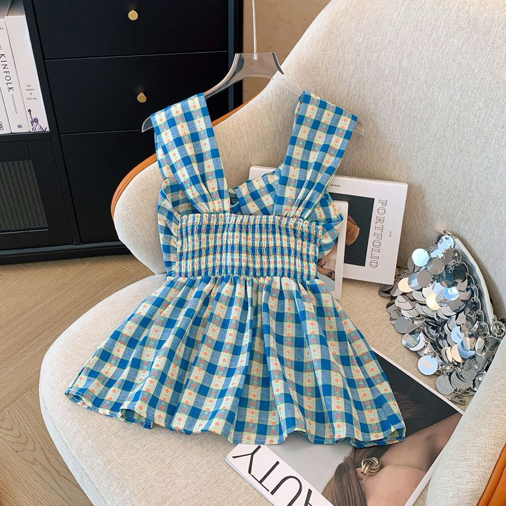 Áo Kiểu Nữ Babydoll Hai Dây Bản To Họa Tiết Caro Xanh Dáng Xòe Thời Trang Hè Phong Cách Hàn Quốc