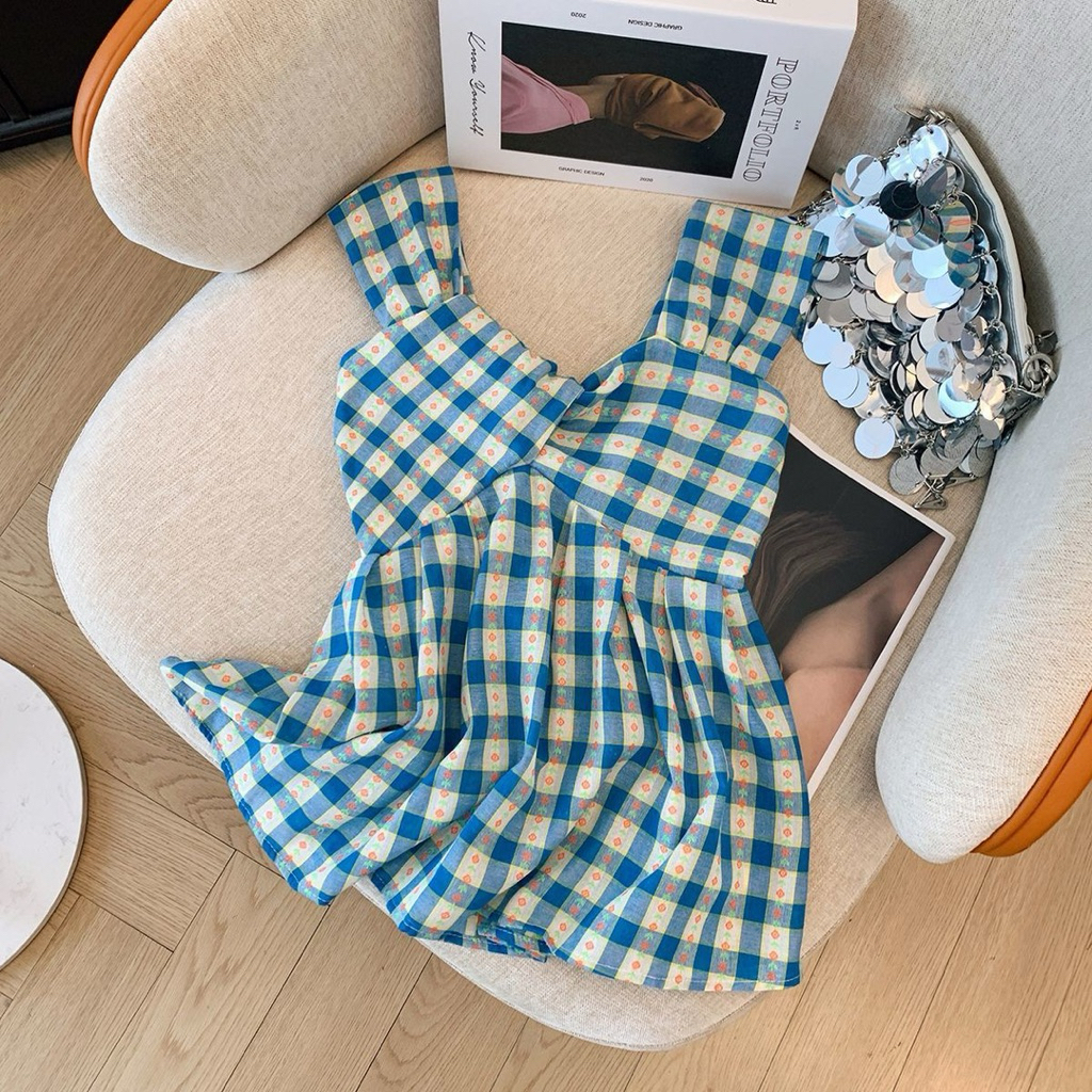 Áo Kiểu Nữ Babydoll Hai Dây Bản To Họa Tiết Caro Xanh Dáng Xòe Thời Trang Hè Phong Cách Hàn Quốc