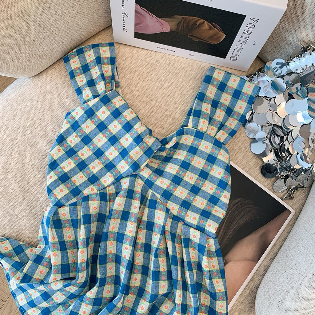 Áo Kiểu Nữ Babydoll Hai Dây Bản To Họa Tiết Caro Xanh Dáng Xòe Thời Trang Hè Phong Cách Hàn Quốc