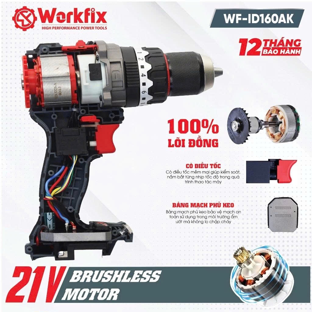 Máy Khoan Pin Rút Lõi Workfix WF-ID160AK, Lực siết 160Nm - Tạo Xung - Antikickback - Không chổi than