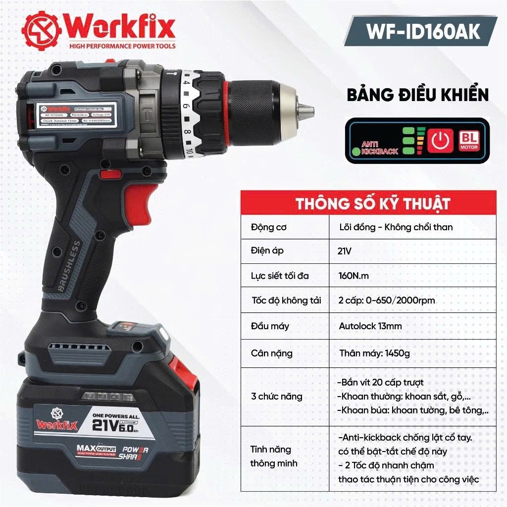 Máy Khoan Pin Rút Lõi Workfix WF-ID160AK, Lực siết 160Nm - Tạo Xung - Antikickback - Không chổi than