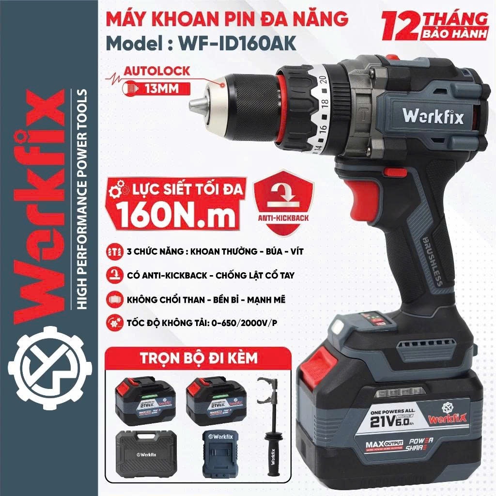 Máy Khoan Pin Rút Lõi Workfix WF-ID160AK, Lực siết 160Nm - Tạo Xung - Antikickback - Không chổi than