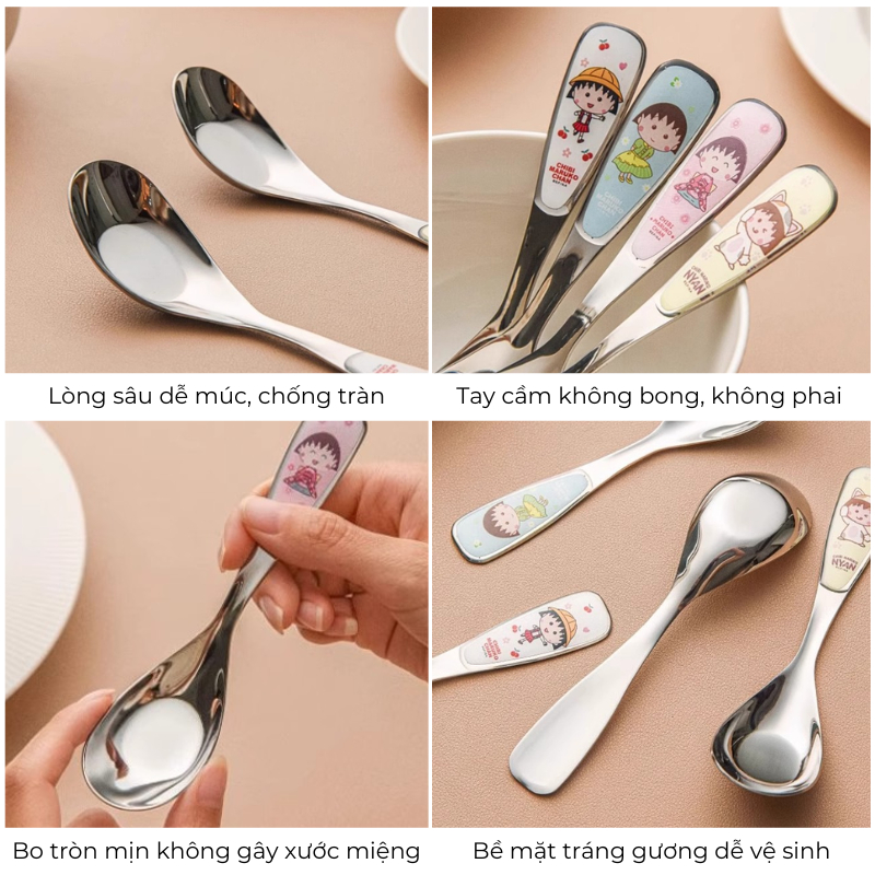 Thìa Ăn Trẻ Em Inox 304 Hoạt Hình Maruko Lòng Sâu Cao Cấp – Muỗng Ăn Dặm Cho Bé Chống Rơi Vãi, An Toàn Và Bền Đẹp | 321