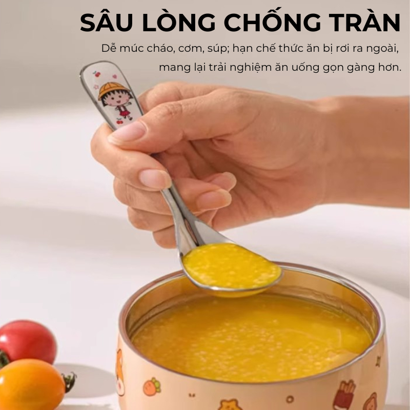Thìa Ăn Trẻ Em Inox 304 Hoạt Hình Maruko Lòng Sâu Cao Cấp – Muỗng Ăn Dặm Cho Bé Chống Rơi Vãi, An Toàn Và Bền Đẹp | 321