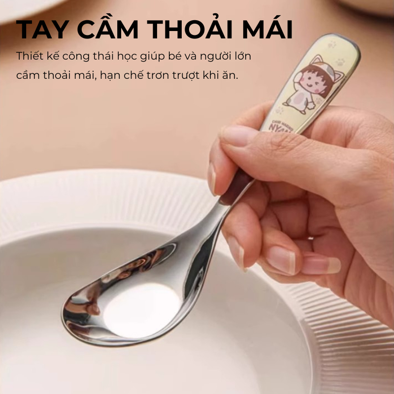 Thìa Ăn Trẻ Em Inox 304 Hoạt Hình Maruko Lòng Sâu Cao Cấp – Muỗng Ăn Dặm Cho Bé Chống Rơi Vãi, An Toàn Và Bền Đẹp | 321