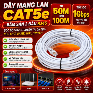Combo 50M đến 100M Dây Mạng LAN Cat5e Bấm Sẵn 2 Đầu RJ45, Tốc Độ 1Gbps Phù hợp Chơi GAME, WIFI