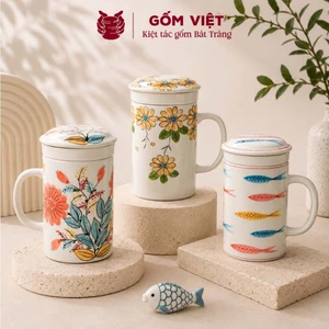 Cốc, ly uống trà kèm lõi lọc nhiều họa tiết vẽ tay thủ công cao cấp - Gốm sứ Bát Tràng - Gốm Việt