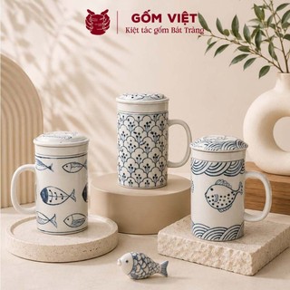 Cốc, ly uống trà kèm lõi lọc nhiều họa tiết vẽ tay thủ công cao cấp - Gốm sứ Bát Tràng - Gốm Việt