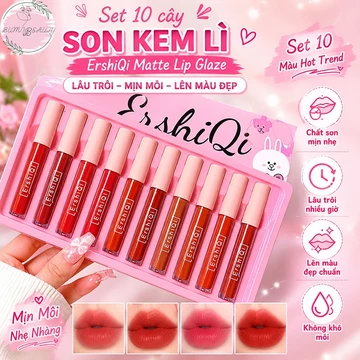 Set 10 Cây Son Kem Lì ErshiQi Matte Lip Glaze Lâu Trôi Mịn Môi Nội Địa Trung