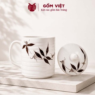 Cốc, ly kèm nắp uống trà, uống nước gốm sứ Bát Tràng 350ml vẽ tay thủ công – Quà tặng cao cấp – Gốm Việt Pottery