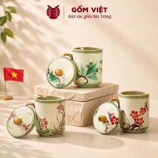 Cốc, ly kèm nắp uống trà, uống nước gốm sứ Bát Tràng 350ml vẽ tay thủ công – Quà tặng cao cấp – Gốm Việt Pottery
