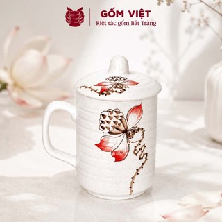 Cốc, ly kèm nắp uống trà, uống nước gốm sứ Bát Tràng 350ml vẽ tay thủ công – Quà tặng cao cấp – Gốm Việt Pottery