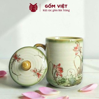 Cốc, ly kèm nắp uống trà, uống nước gốm sứ Bát Tràng 350ml vẽ tay thủ công – Quà tặng cao cấp – Gốm Việt Pottery