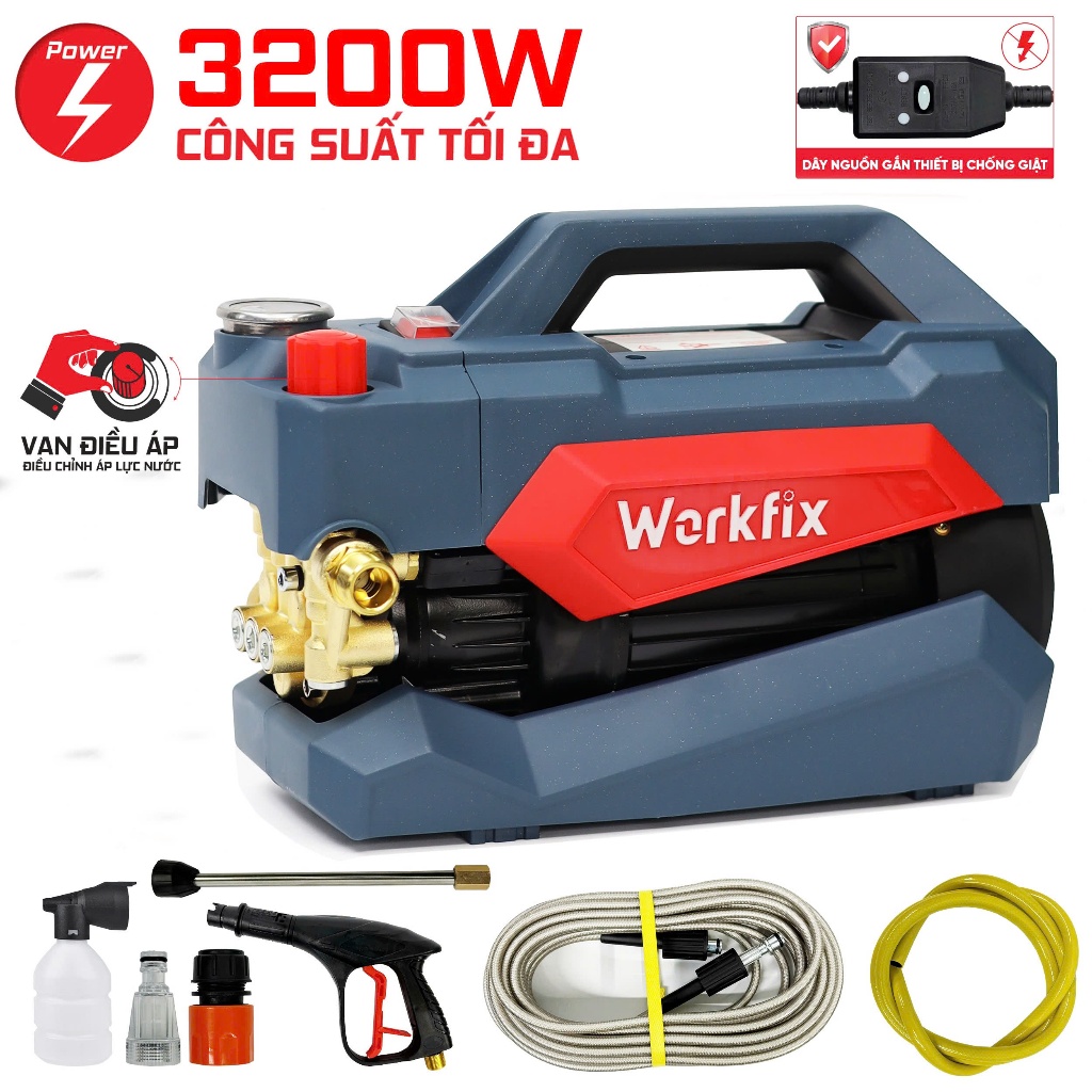 Máy rửa xe có chỉnh áp WORKFIX WF-CWR3200PRO, Cống suất 3200w - 180bar - Đông cơ dây đồng