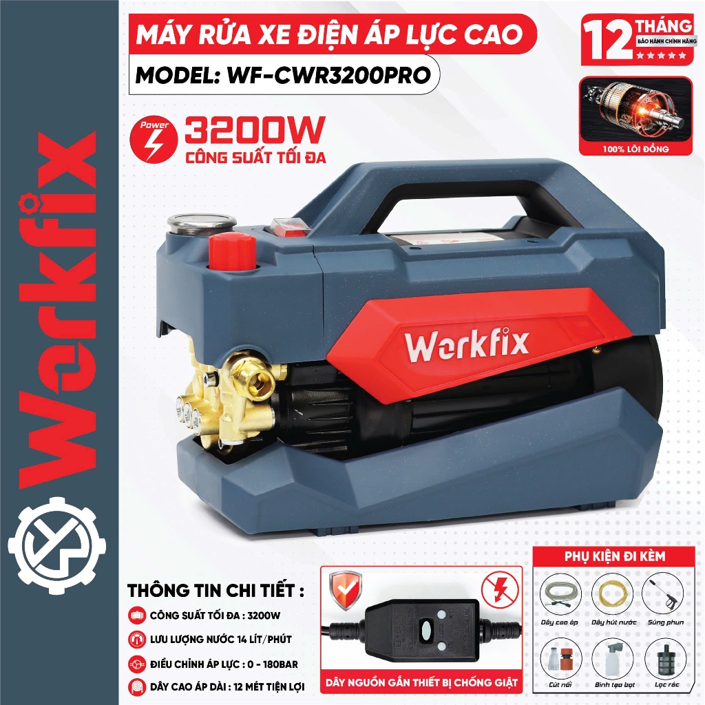Máy rửa xe có chỉnh áp WORKFIX WF-CWR3200PRO, Cống suất 3200w - 180bar - Đông cơ dây đồng