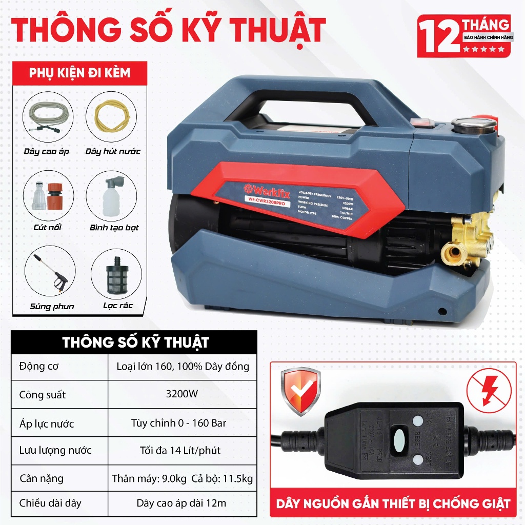 Máy rửa xe có chỉnh áp WORKFIX WF-CWR3200PRO, Cống suất 3200w - 180bar - Đông cơ dây đồng