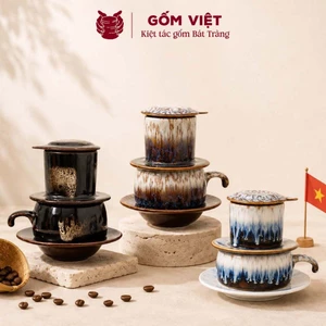 Bộ phin pha cà phê men hỏa biến kèm cốc nhiều họa tiết thủ công để pha coffee - Gốm sứ Bát Tràng - Gốm Việt Pottery