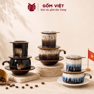 Bộ phin pha cà phê men hỏa biến kèm cốc nhiều họa tiết thủ công để pha coffee - Gốm sứ Bát Tràng - Gốm Việt Pottery