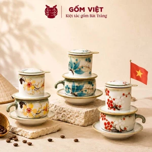 Bộ phin pha cà phê men vẽ kèm cốc nhiều họa tiết thủ công để pha coffee - Gốm sứ Bát Tràng - Gốm Việt
