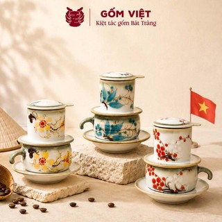 Bộ phin pha cà phê men vẽ kèm cốc nhiều họa tiết thủ công để pha coffee - Gốm sứ Bát Tràng - Gốm Việt
