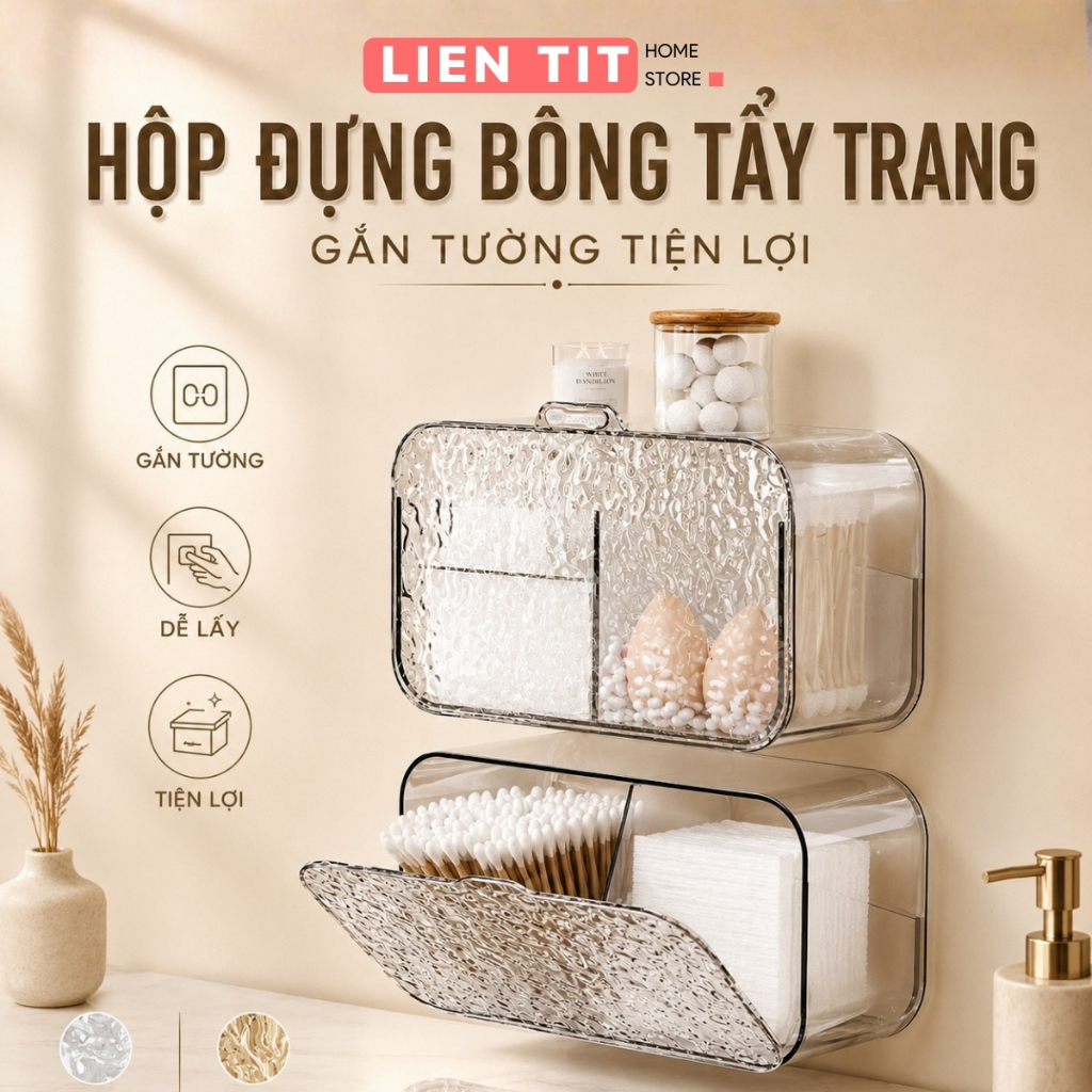Hộp Đựng Bông Tẩy Trang Dán Tường 2 Ngăn Bằng Nhựa Trong Suốt, Hộp Đựng Tăm Bông, Kẹp Tóc Đa Năng