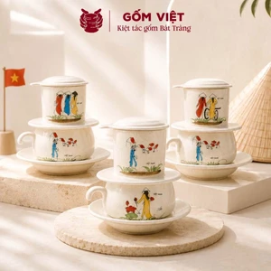 Bộ phin pha cà phê men vẽ cô gái với tà áo dài Việt Nam để pha coffee - Quà tặng truyền thống cao cấp - Gốm Việt
