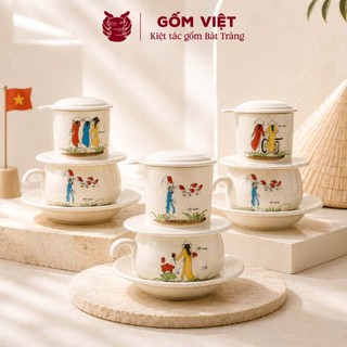 Bộ phin pha cà phê men vẽ cô gái với tà áo dài Việt Nam để pha coffee - Quà tặng truyền thống cao cấp - Gốm Việt