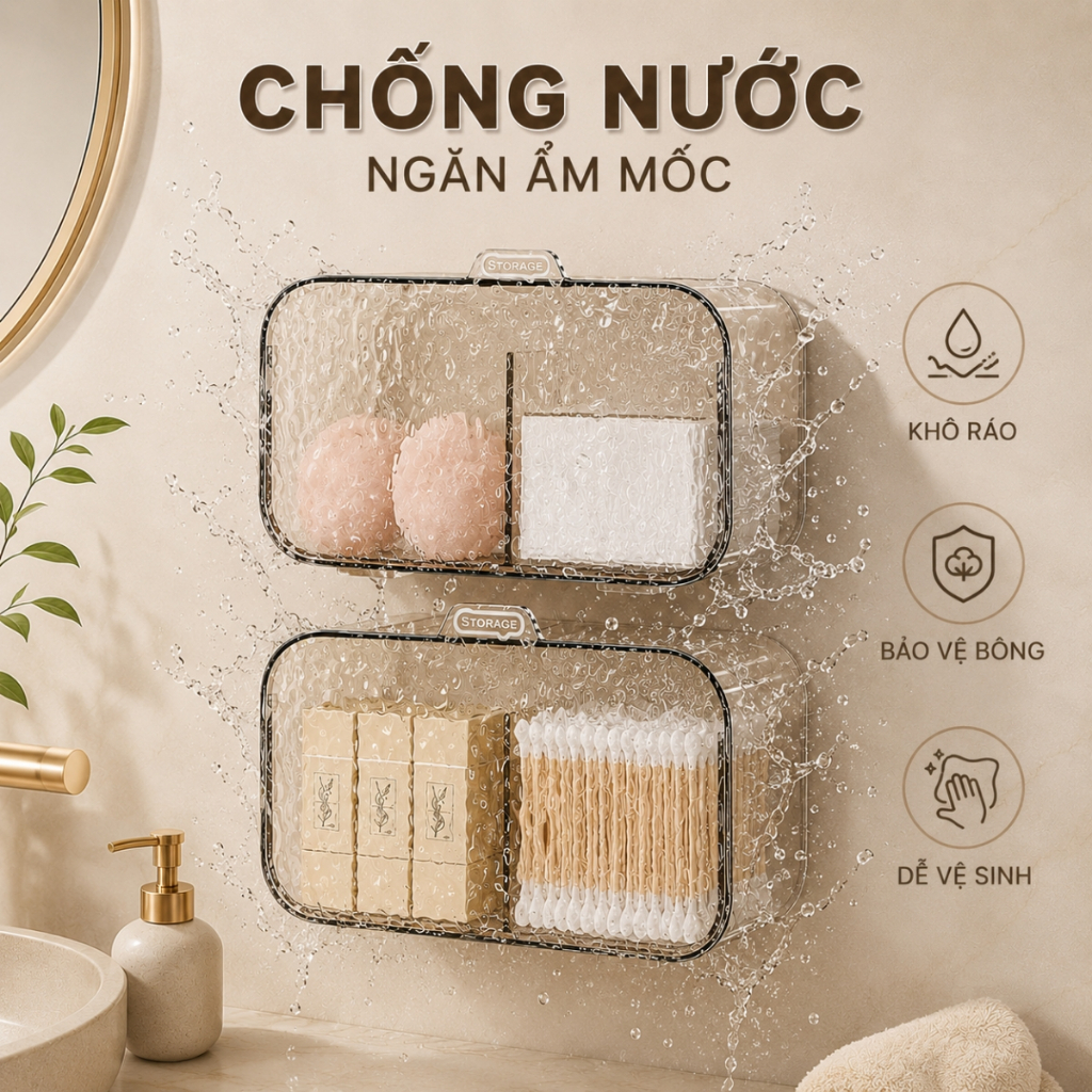 Hộp Đựng Bông Tẩy Trang Dán Tường 2 Ngăn Bằng Nhựa Trong Suốt, Hộp Đựng Tăm Bông, Kẹp Tóc Đa Năng
