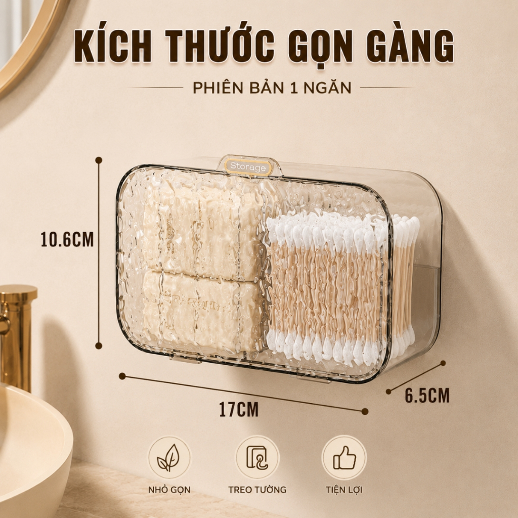 Hộp Đựng Bông Tẩy Trang Dán Tường 2 Ngăn Bằng Nhựa Trong Suốt, Hộp Đựng Tăm Bông, Kẹp Tóc Đa Năng