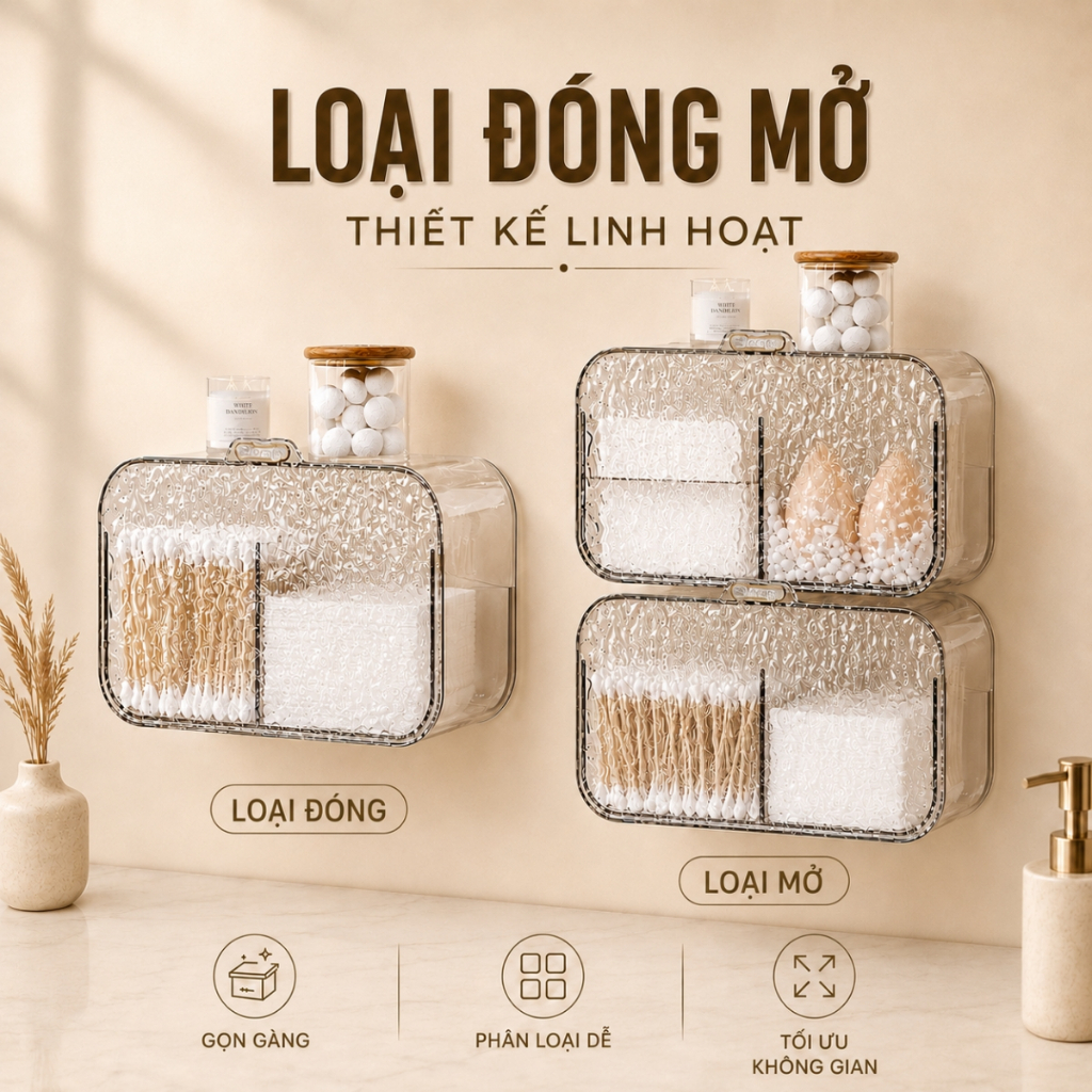 Hộp Đựng Bông Tẩy Trang Dán Tường 2 Ngăn Bằng Nhựa Trong Suốt, Hộp Đựng Tăm Bông, Kẹp Tóc Đa Năng