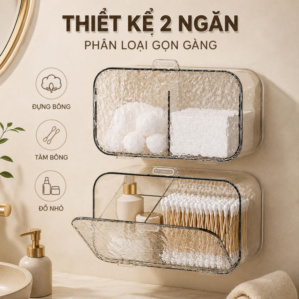 Hộp Đựng Bông Tẩy Trang Dán Tường 2 Ngăn Bằng Nhựa Trong Suốt, Hộp Đựng Tăm Bông, Kẹp Tóc Đa Năng