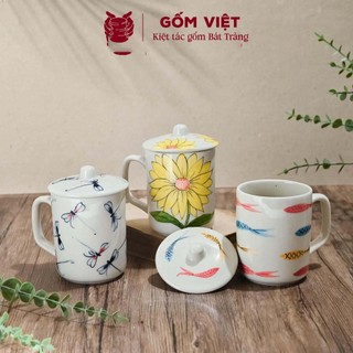 Cốc, ly sứ uống trà, uống nước gốm sứ Bát Tràng 360ml kèm nắp vẽ tay thủ công – Quà tặng cao cấp – Gốm Việt Pottery