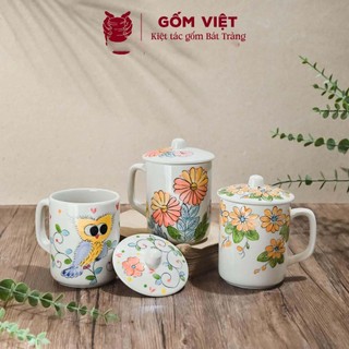 Cốc, ly sứ uống trà, uống nước gốm sứ Bát Tràng 360ml kèm nắp vẽ tay thủ công – Quà tặng cao cấp – Gốm Việt Pottery