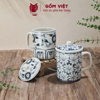 Cốc, ly sứ uống trà, uống nước gốm sứ Bát Tràng 360ml kèm nắp vẽ tay thủ công – Quà tặng cao cấp – Gốm Việt Pottery