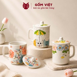 Cốc, ly sứ uống trà, uống nước gốm sứ Bát Tràng 360ml kèm nắp vẽ tay thủ công – Quà tặng cao cấp – Gốm Việt Pottery