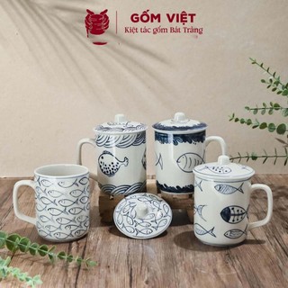 Cốc, ly sứ uống trà, uống nước gốm sứ Bát Tràng 360ml kèm nắp vẽ tay thủ công – Quà tặng cao cấp – Gốm Việt Pottery