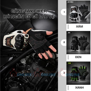 Găng tay biker phượt thủ thể thao hở ngón có gù nhựa bảo vệ toàn diện
