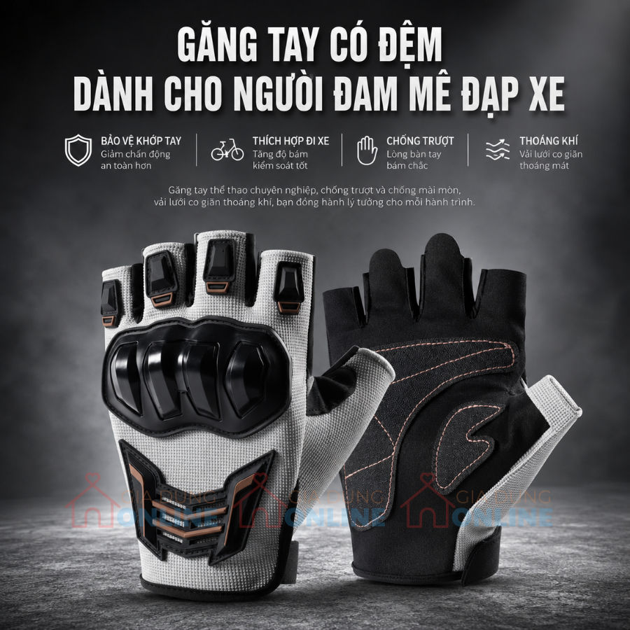 Găng tay biker phượt thủ thể thao hở ngón có gù nhựa bảo vệ toàn diện