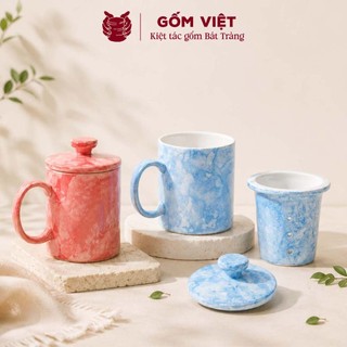 Cốc, ly uống trà, nước vân đá tay cầm chữ C có lõi lọc dung tích 350ml - Gốm sứ Bát Tràng - Gốm Việt