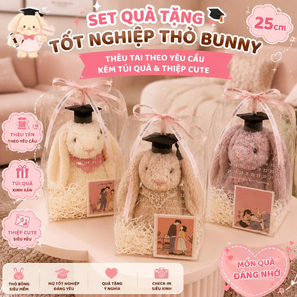 Set Quà Tặng Thỏ Bunny 25cm Thêu Tai Theo Yêu Cầu – Gấu Bông Tốt Nghiệp Kèm Túi Quà & Thiệp Cute