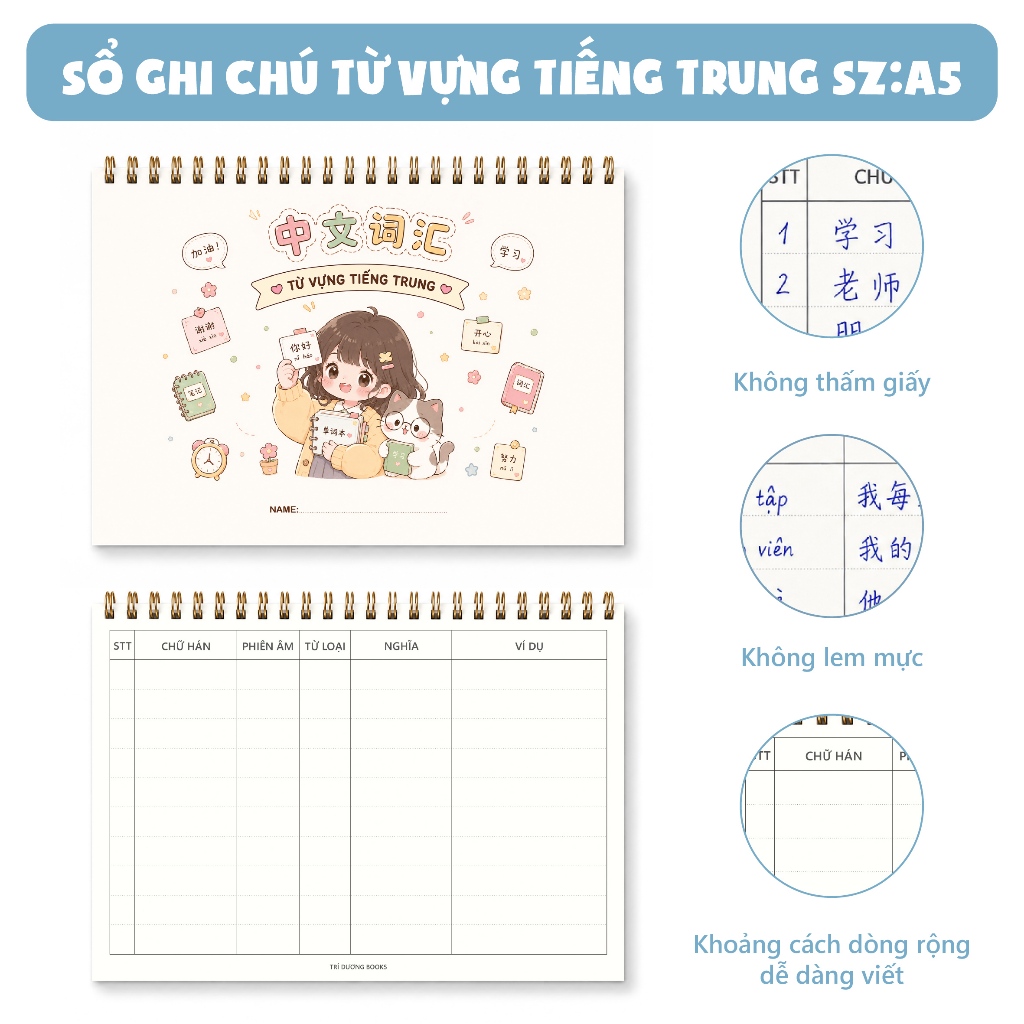 Sổ học từ vựng tiếng Trung  A5 120 trang thiết kế layout khoa học (kẻ bảng sẵn, có chỗ ghi chép ví dụ)