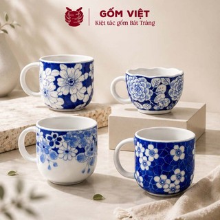 Cốc, ly sứ có quai viền hoa vẽ men lam dùng uống nước, trà, coffee - Quà tặng bạn, người yêu, người thân - Gốm Việt