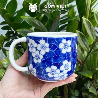 Cốc, ly sứ có quai viền hoa vẽ men lam dùng uống nước, trà, coffee - Quà tặng bạn, người yêu, người thân - Gốm Việt