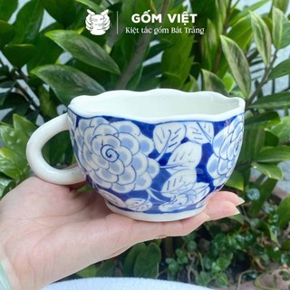 Cốc, ly sứ có quai viền hoa vẽ men lam dùng uống nước, trà, coffee - Quà tặng bạn, người yêu, người thân - Gốm Việt