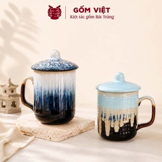 Cốc, ly kèm nắp uống trà, uống nước gốm sứ Bát Tràng 350ml men hỏa biến – Quà tặng cao cấp, ý nghĩa