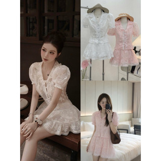 SEP House - Set ren hoa cổ sen tay bồng cúc bọc phối chân váy ngắn xoè viền ren trắng hồng tiểu thư, sang trọng - Loại 1
