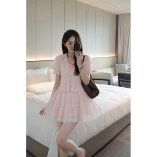 SEP House - Set ren hoa cổ sen tay bồng cúc bọc phối chân váy ngắn xoè viền ren trắng hồng tiểu thư, sang trọng - Loại 1
